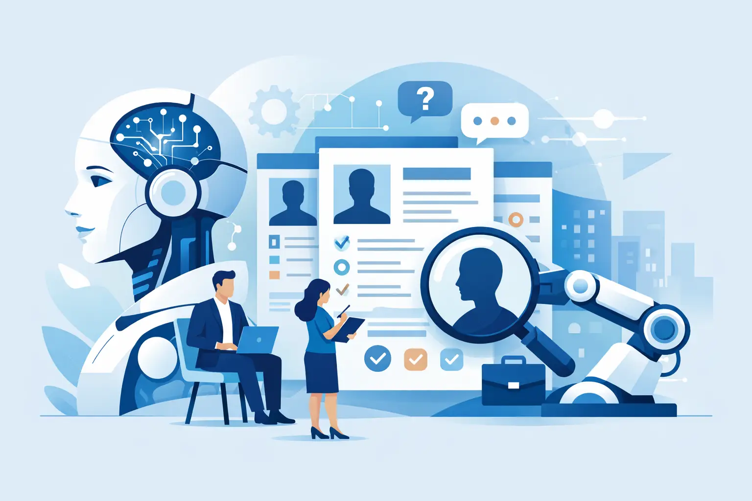 Illustration of a recruiter interviewing a candidate alongside AI-assisted resume review