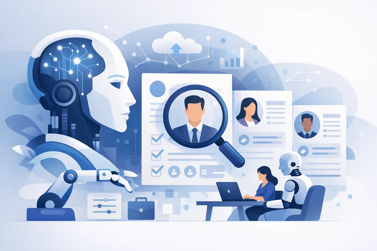 Illustration of AI-assisted resume screening: resumes being reviewed alongside a recruiter at a laptop