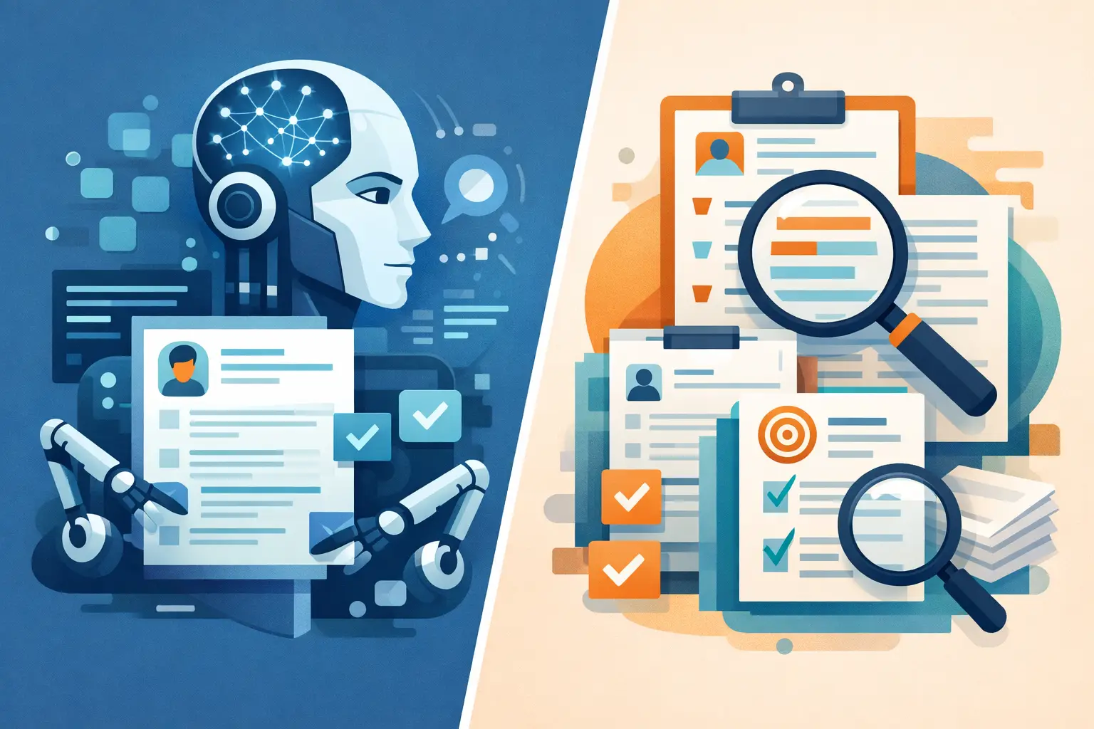 Split illustration contrasting AI-powered resume analysis on the left with keyword-based checklist screening on the right