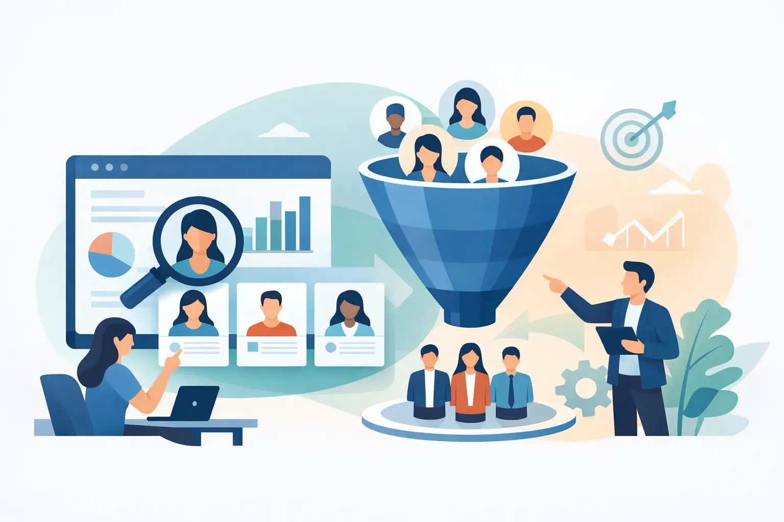 Illustration of applicant pool analytics: a recruiter reviewing candidate profiles alongside a funnel diagram, evaluation icons, and analytics charts