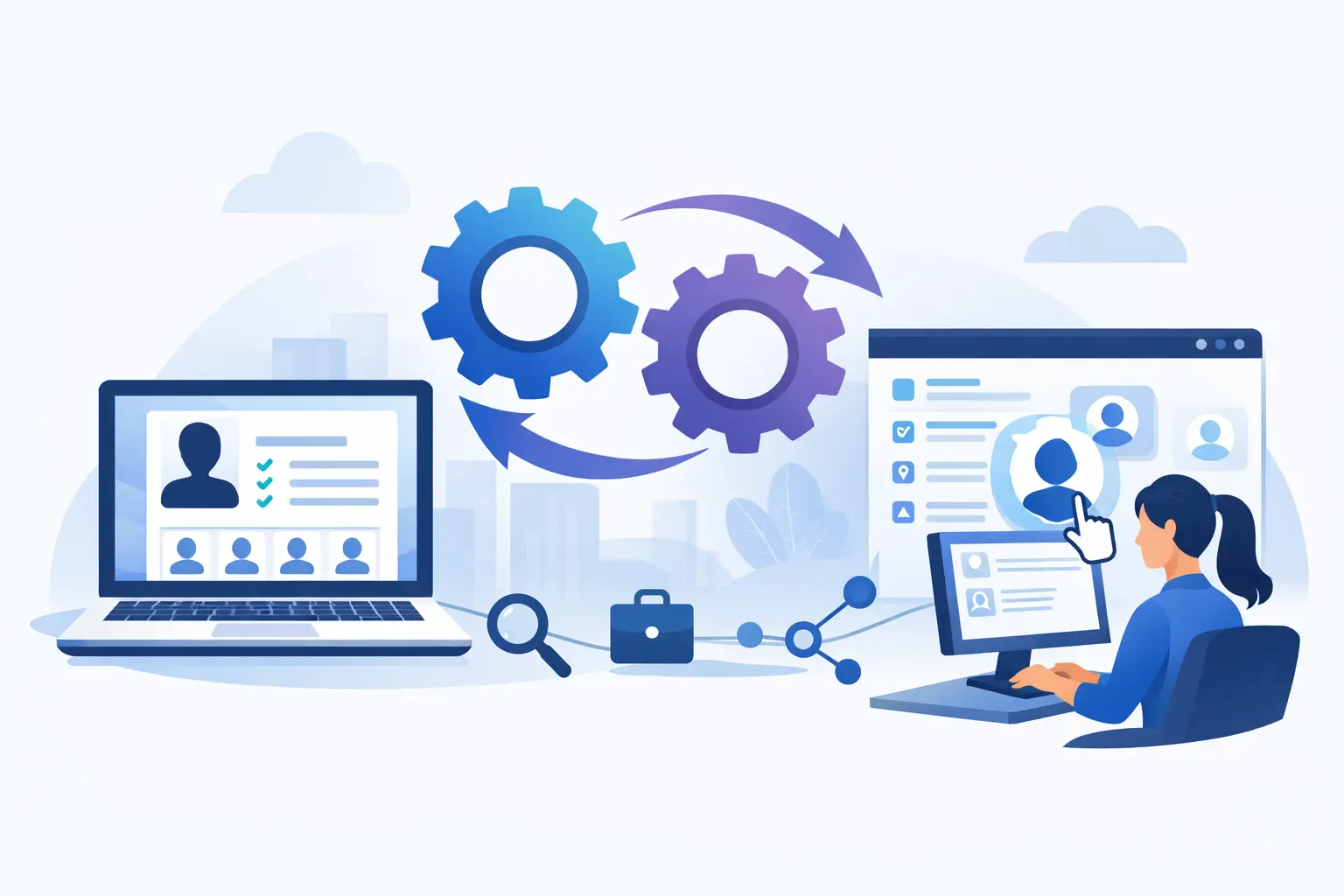 Illustration of a recruiter working with an integrated ATS system, showing candidate profiles moving between applicant tracking and screening tools with gears and workflow icons