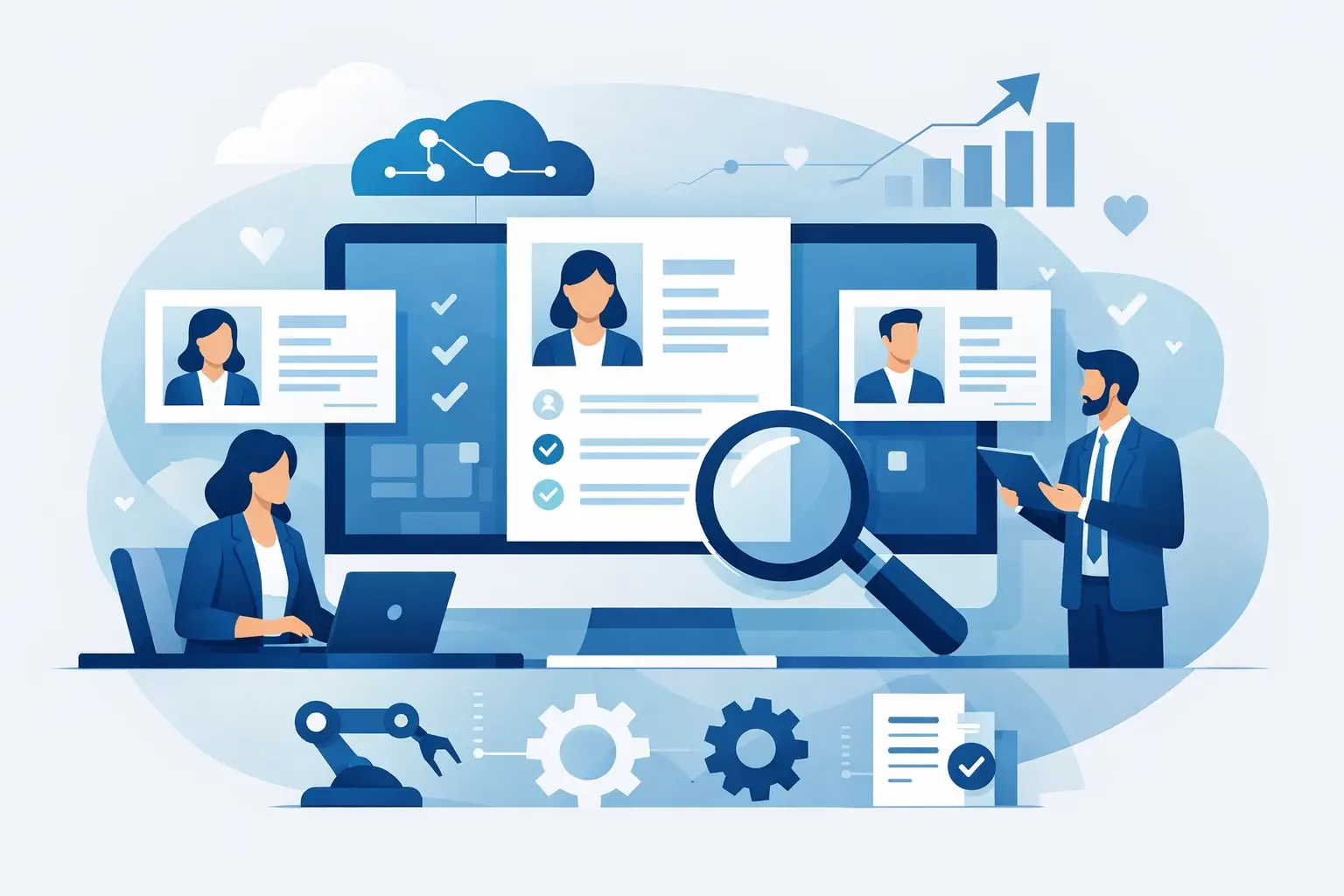 Illustration of a hiring team reviewing candidate profiles on a computer with a magnifying glass, alongside icons representing analytics, cloud storage, and workflow automation