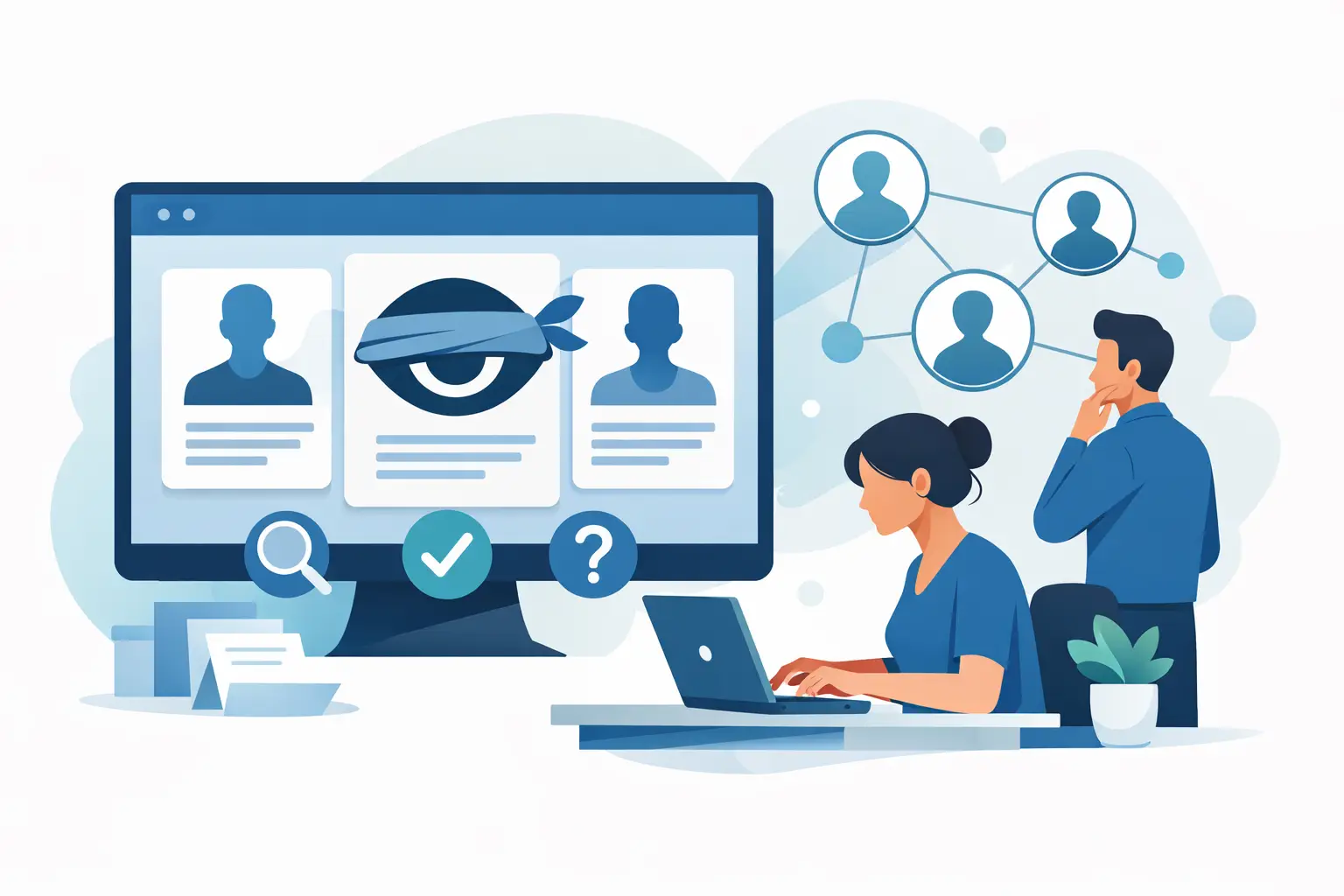Illustration of anonymized candidate profiles on screen while a recruiter reviews them
