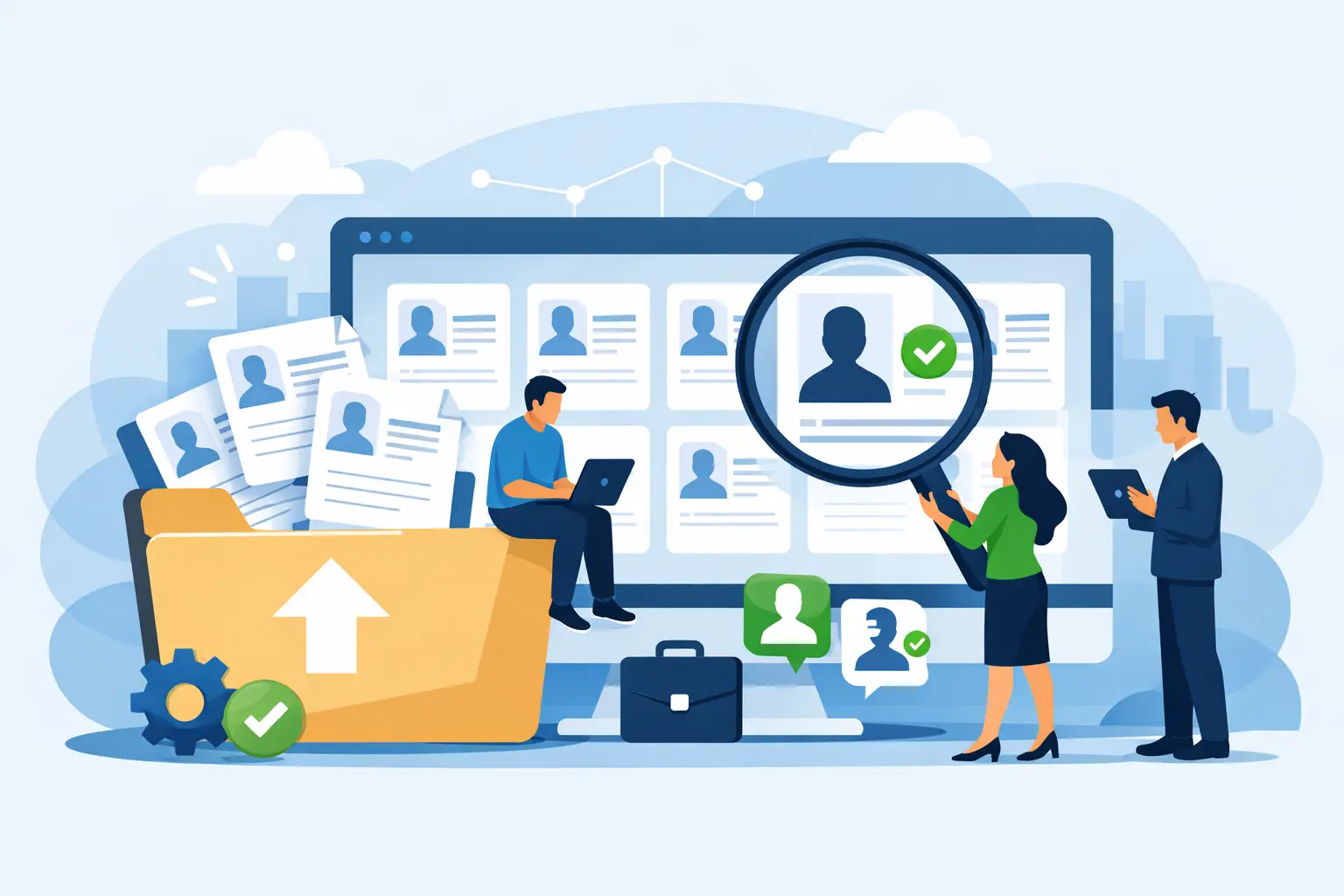 Bulk resume upload and screening: a folder of resumes feeding a dashboard of candidate cards, with recruiters reviewing matches.