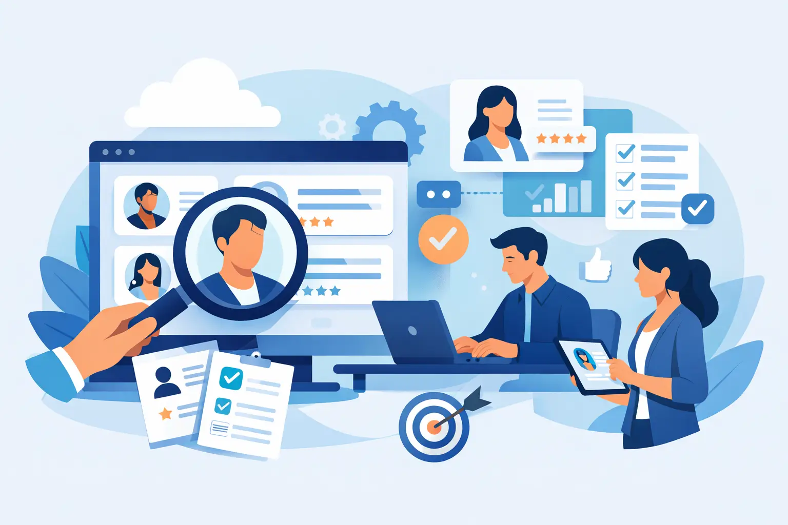 Illustration of a hiring team using candidate evaluation software with ranked candidate profiles, evaluation checklists, and workflow icons
