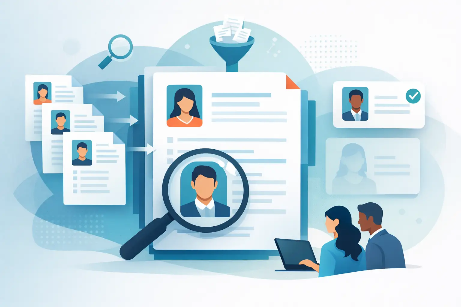 A combined PDF of resumes being separated into individual candidates and screened with evidence-based review.