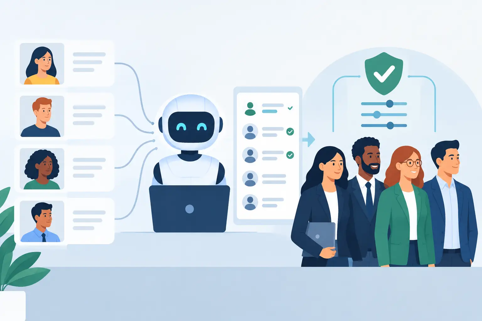 Illustration of a robot reviewing candidate profiles beside a shield with a checkmark, with a diverse team of four people below, on a light lavender background.