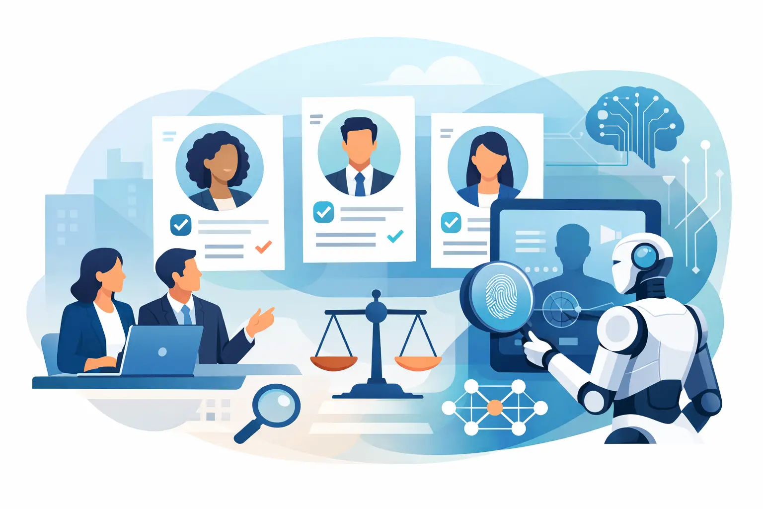 Illustration of a hiring team reviewing candidate profiles alongside an AI system, with scales of justice and technology icons representing human oversight of AI screening