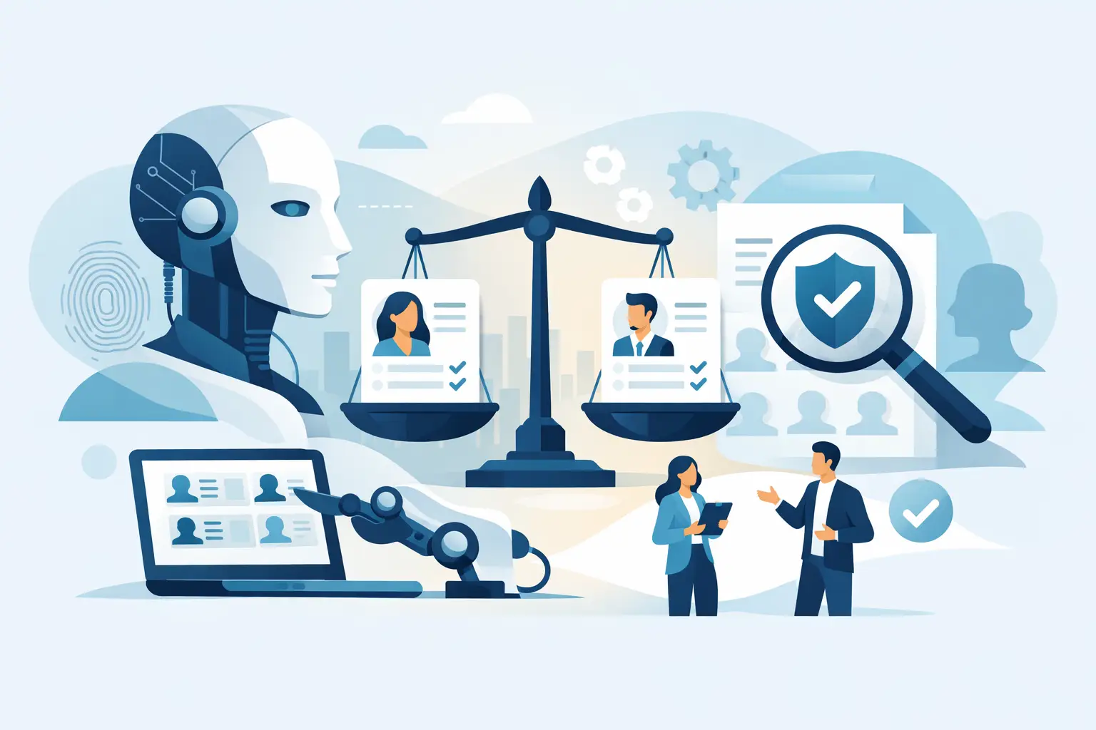 Illustration of AI-assisted, evidence-based candidate screening with human review and fairness controls.