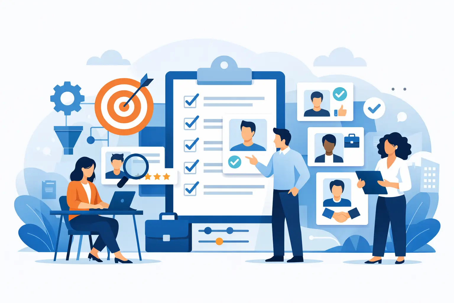 Illustration of a hiring team reviewing candidate profiles against a defined criteria checklist