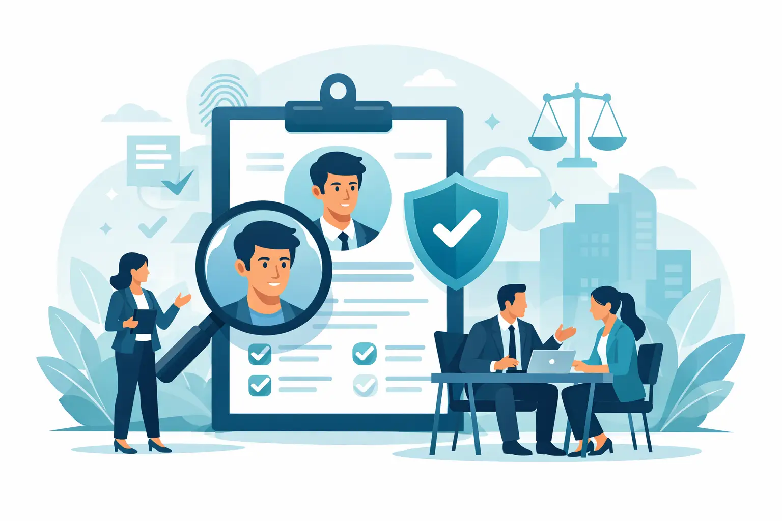 Illustration of a hiring team reviewing candidate profiles at enterprise scale, with icons representing evaluation, security, and fairness