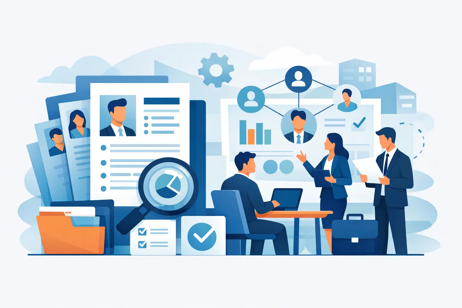 Illustration of enterprise recruiting operations with candidate profiles, hiring team meeting, and structured evaluation workflow