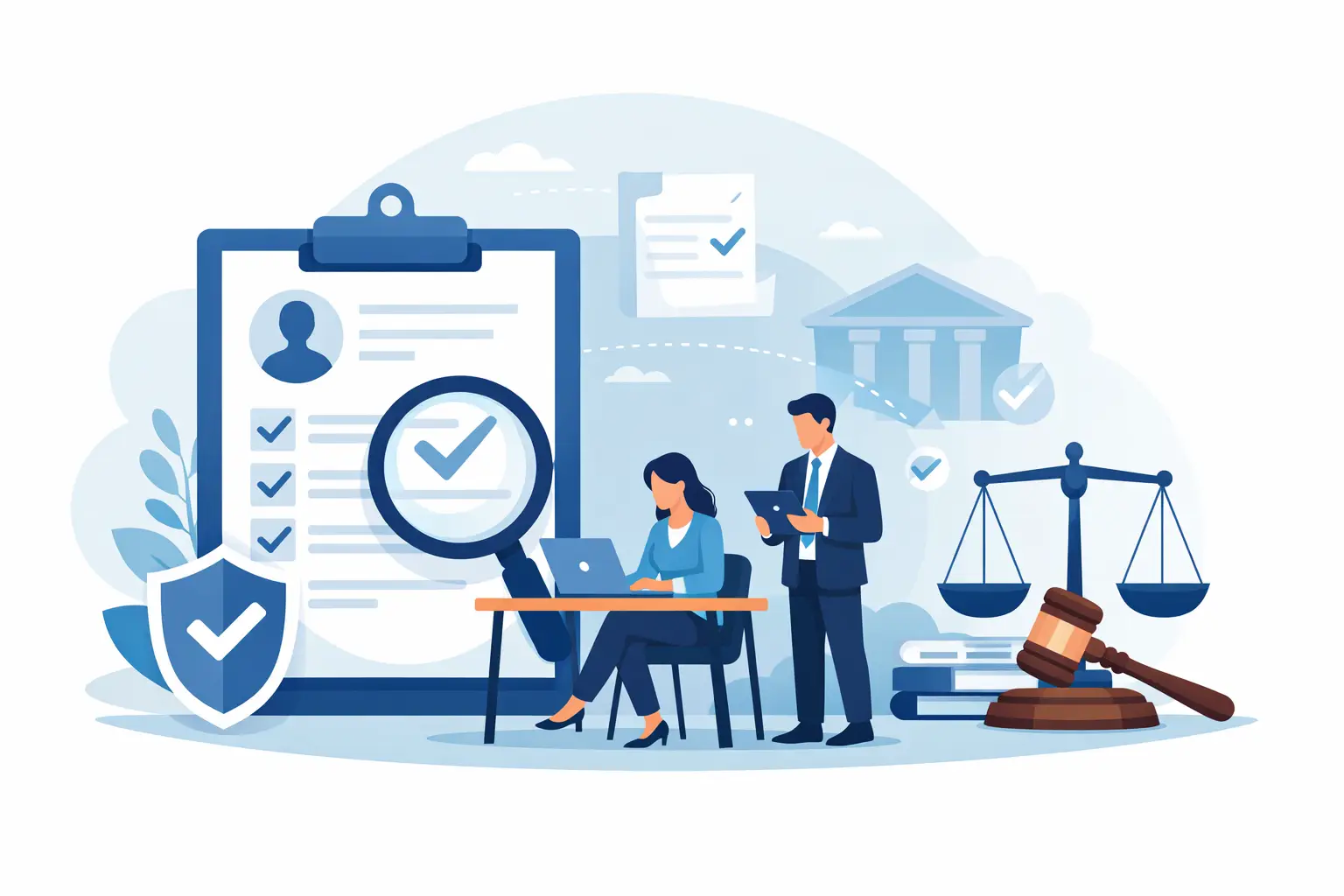 Illustration of a hiring team reviewing candidate records alongside legal compliance elements including scales of justice, a gavel, and a courthouse