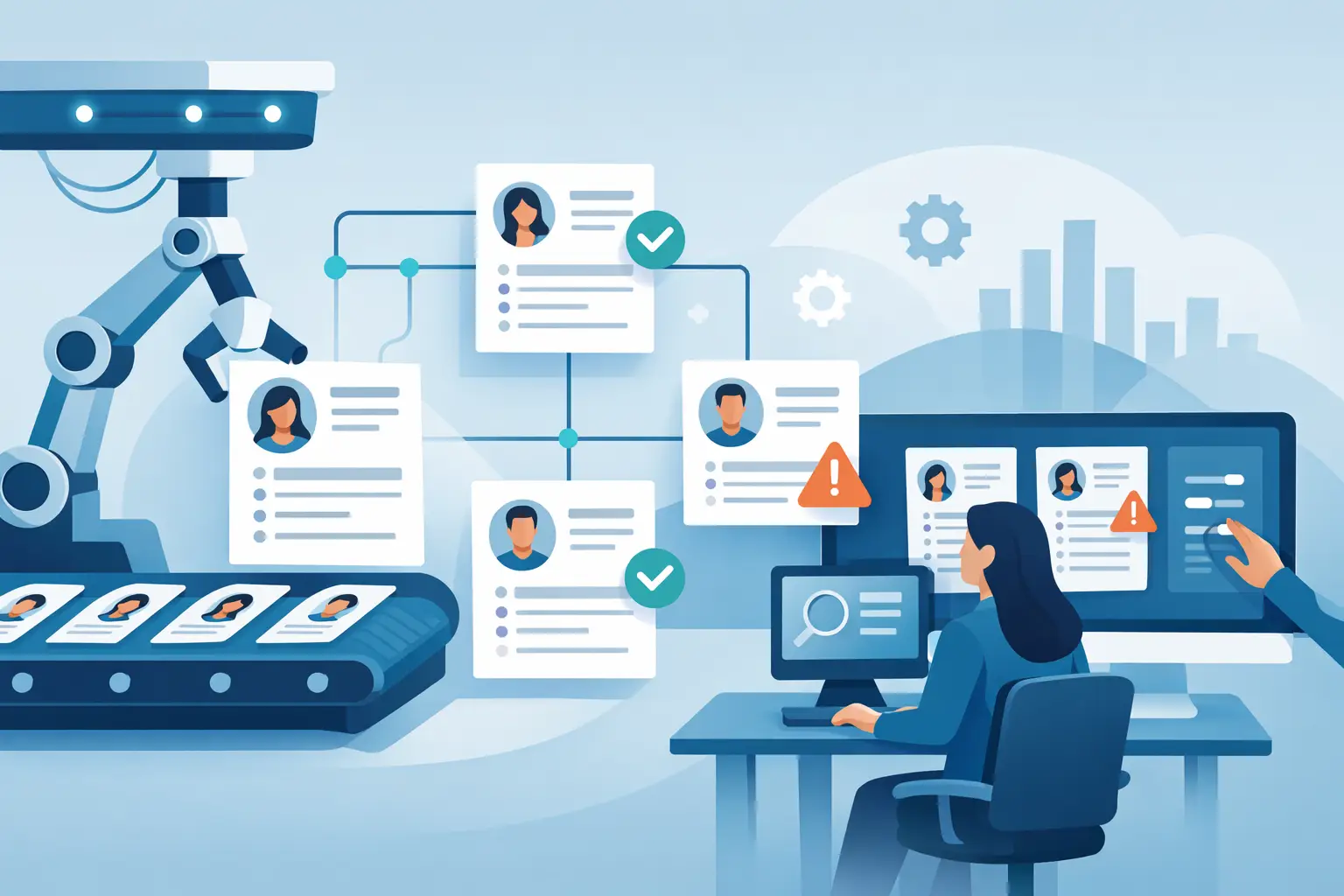 Illustration of an automated resume triage workflow with candidate profiles moving through review stages, a workflow chart, and a recruiter flagging edge cases