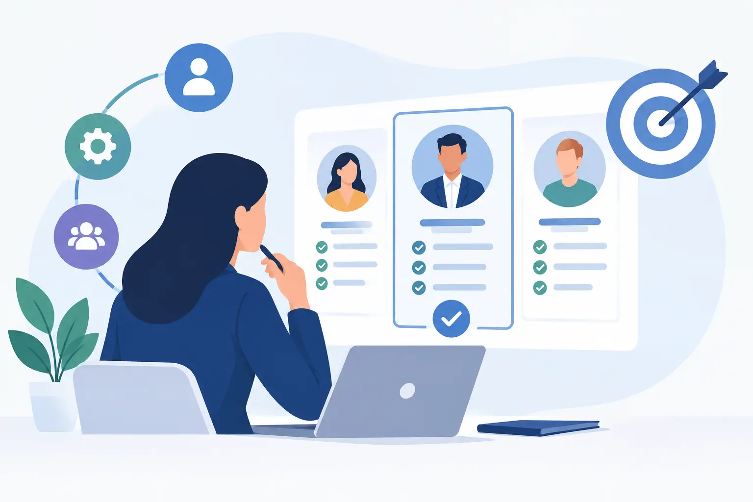 Illustration of a woman at a laptop reviewing three candidate profile cards on a screen, with icons for a person, gear, and group on the left and a target with an arrow on the right, on a soft blue background.