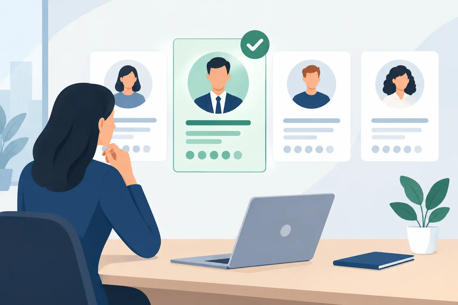 Illustration of a recruiter reviewing candidate profile cards on a screen with one candidate highlighted as the priority pick