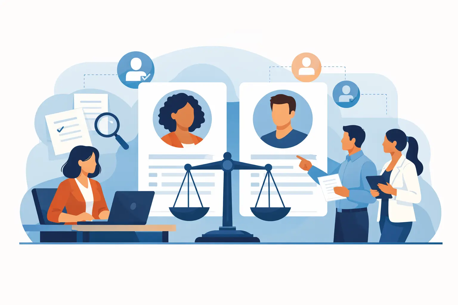 Illustration of a hiring team reviewing two candidate profiles side by side with a scale of justice between them, representing fair and consistent evaluation