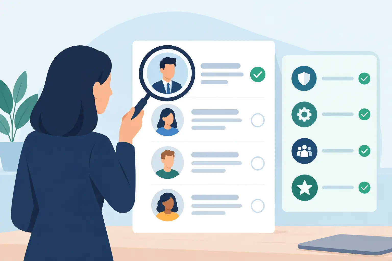 Illustration of a woman holding a magnifying glass over a candidate profile card, with four candidate profiles beside a panel of green-checkmarked criteria icons, on a light blue background.