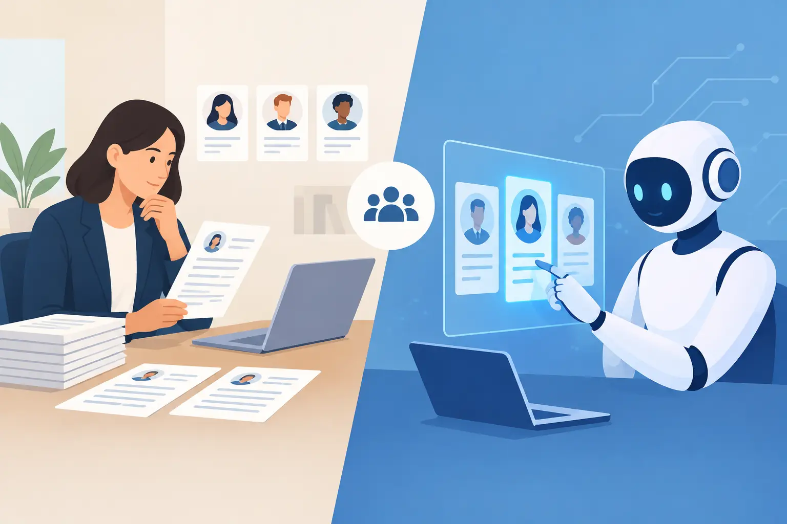 Split illustration: on the left, a woman in a blazer reviews paper resumes at a desk with a laptop and candidate profile cards; on the right, a friendly robot points at a holographic display of candidate profiles.