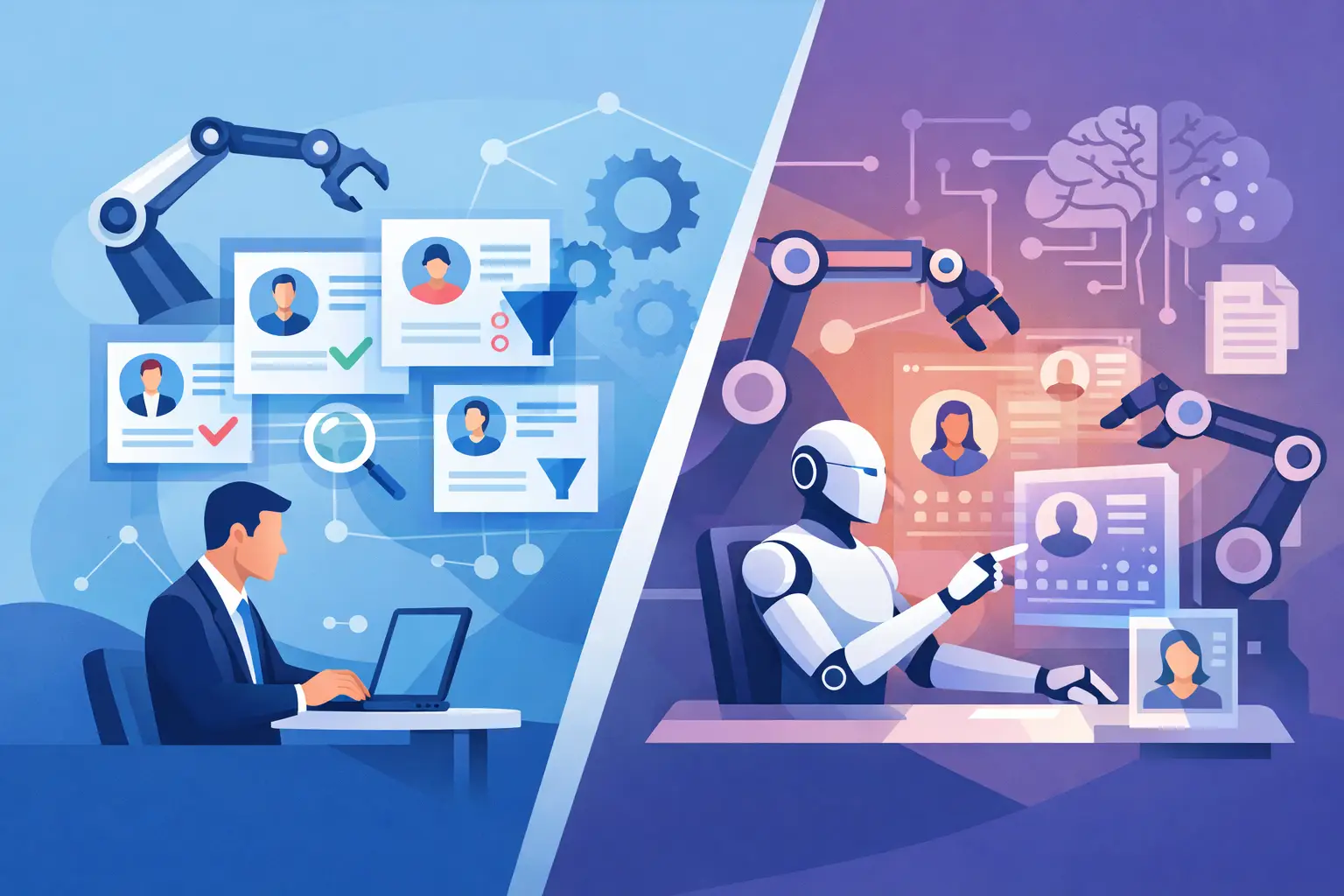 Split illustration contrasting recruiter-led automation on the left with autonomous AI hiring on the right, using workflow icons and candidate cards
