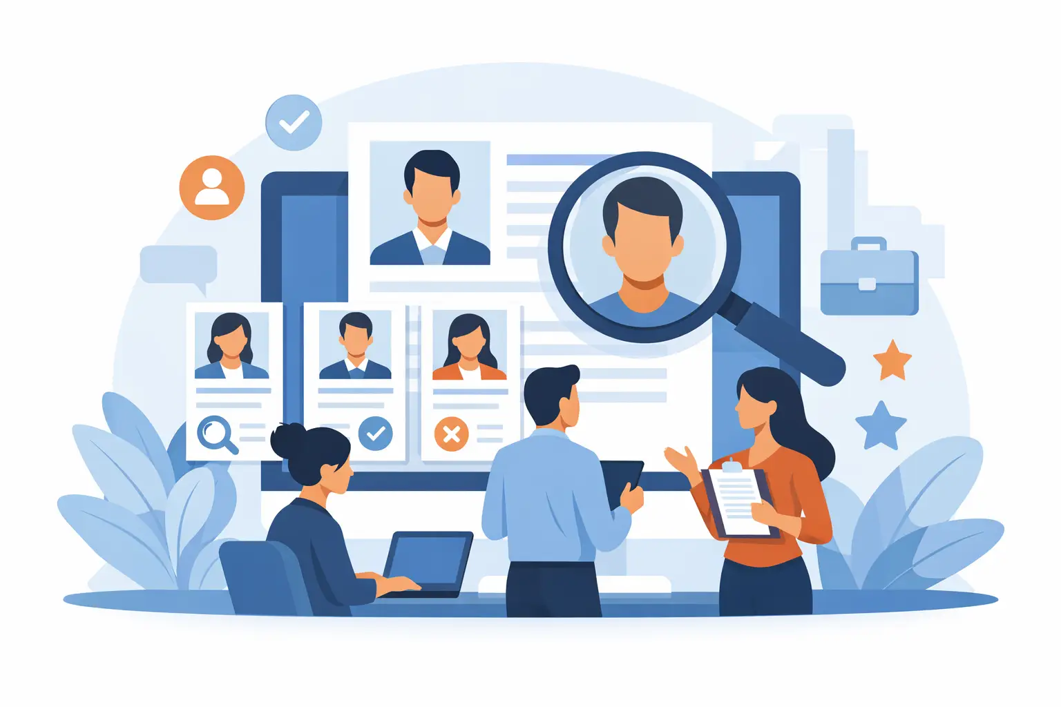 Illustration of a recruiting team reviewing candidate profiles with a magnifying glass, evaluation icons, and star ratings