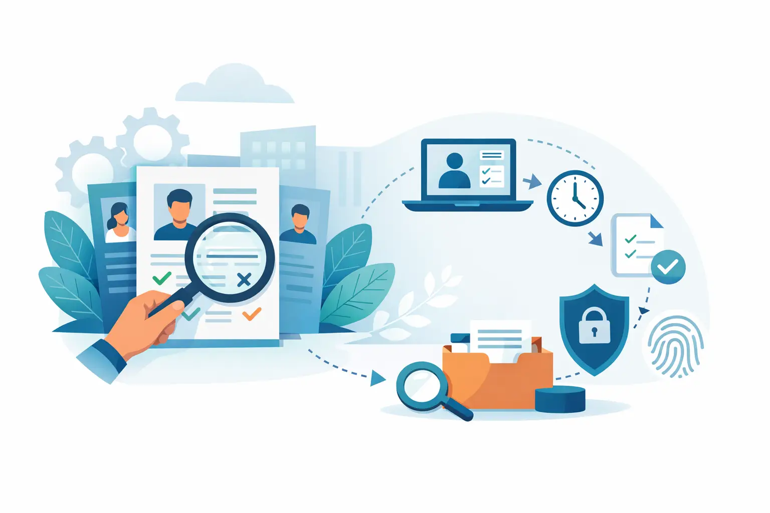 Illustration of a hiring team reviewing resumes with a magnifying glass, alongside icons for records, security, and process workflow