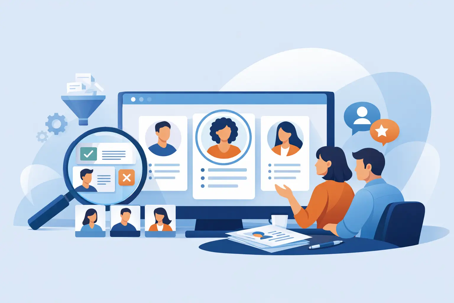 Illustration of recruiters reviewing ranked candidate profiles on screen