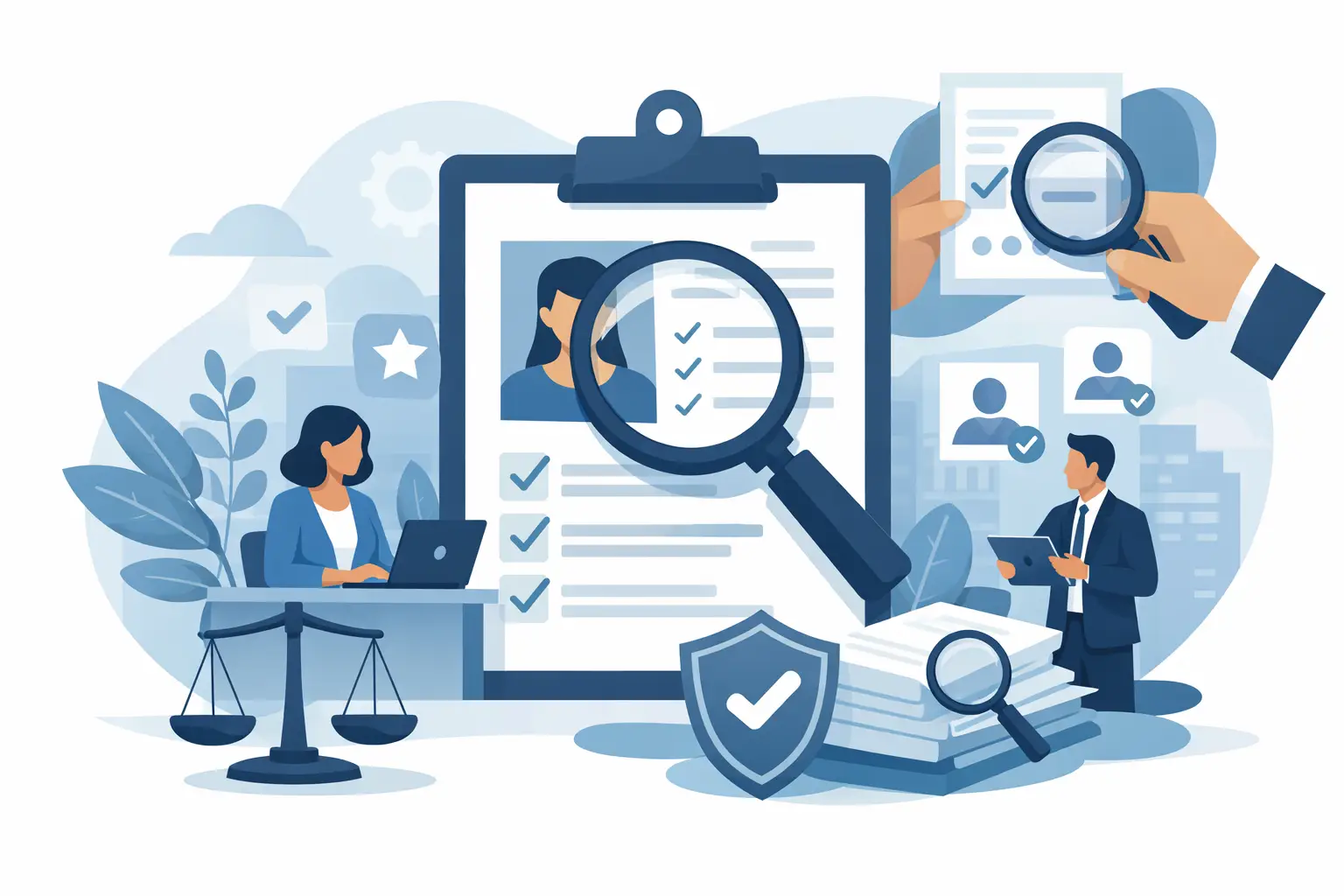 Illustration of recruiters reviewing candidate resumes with magnifying glass, scales of justice, and shield icons representing fair evaluation and data protection